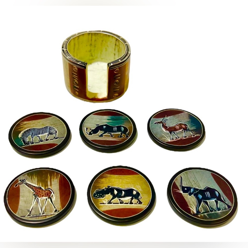 Hand-Painted African Safari Coaster Set with Holder – 7 Pc Animal Decor